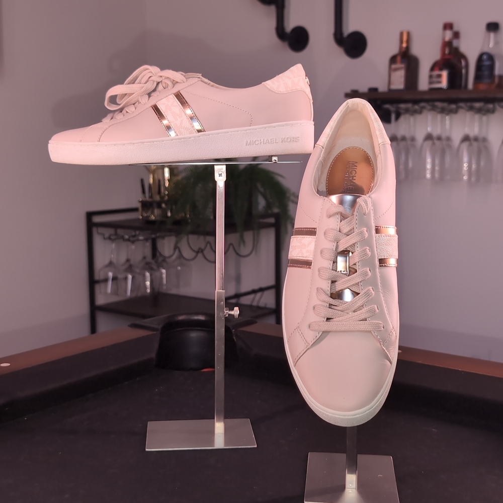 LIKE NEW MICHAEL KORS Irving Stripe Leather Sneakers Optic White Rose Gold